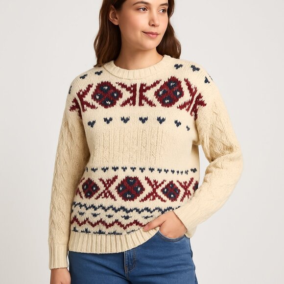 Vintage Womens Fair Isle Knit Sweater Cream Handknit Shetland Wool Size L - Picture 1 of 9